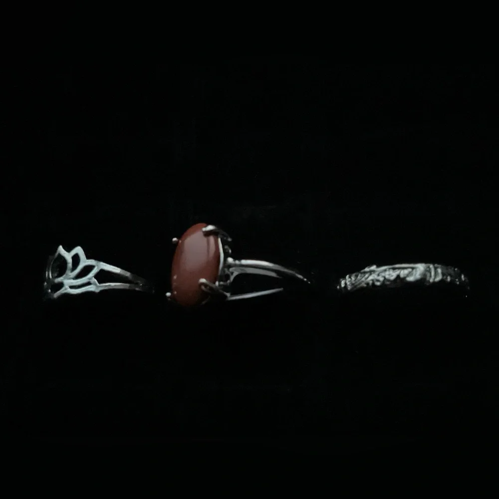 New x3 Silver Tone Ring Synthetic Brown Hessonite Garnet Lotus Boho Set Sz 8-9.5